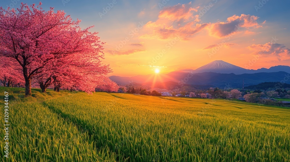 Obraz premium green rice field with blooming cherry blossom at countryside of Japan at Mount Fuji area with traditional japanese Shirakawa-go house style. 