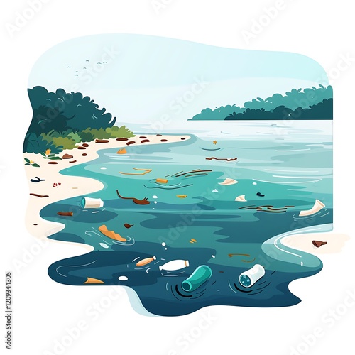 A flat design illustration of a polluted river with floating trash, showcasing simplified water ripples and debris in a clean aesthetic on a white background. 8k UHD, suitable for high-quality 