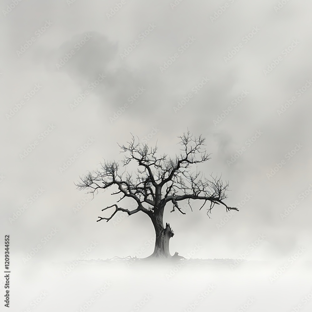 A minimalistic portrayal of a dead tree surrounded by gray smog clouds, using clean lines and muted colors on a white canvas for a striking visual impact. 8k UHD, suitable for high-quality printing A minimalistic portrayal of a dead tree surrounded by gray smog clouds, using clean lines and muted colors on a white canvas for a striking visual impact. 8k UHD, suitable for high-quality printing