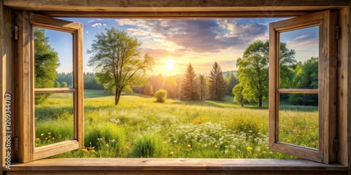 Golden hour view from a rustic window overlooking a vibrant meadow and sunlit trees