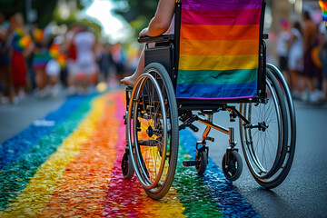 Intersectionality: queer disabled wheelchair on gaypride, queer pride or disability pride month. rainbowcoloured wheelchair at gay pride