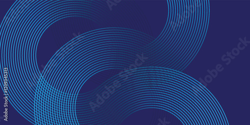 Abstract blue glowing geometric lines on dark blue background. Modern shiny circle lines pattern.
