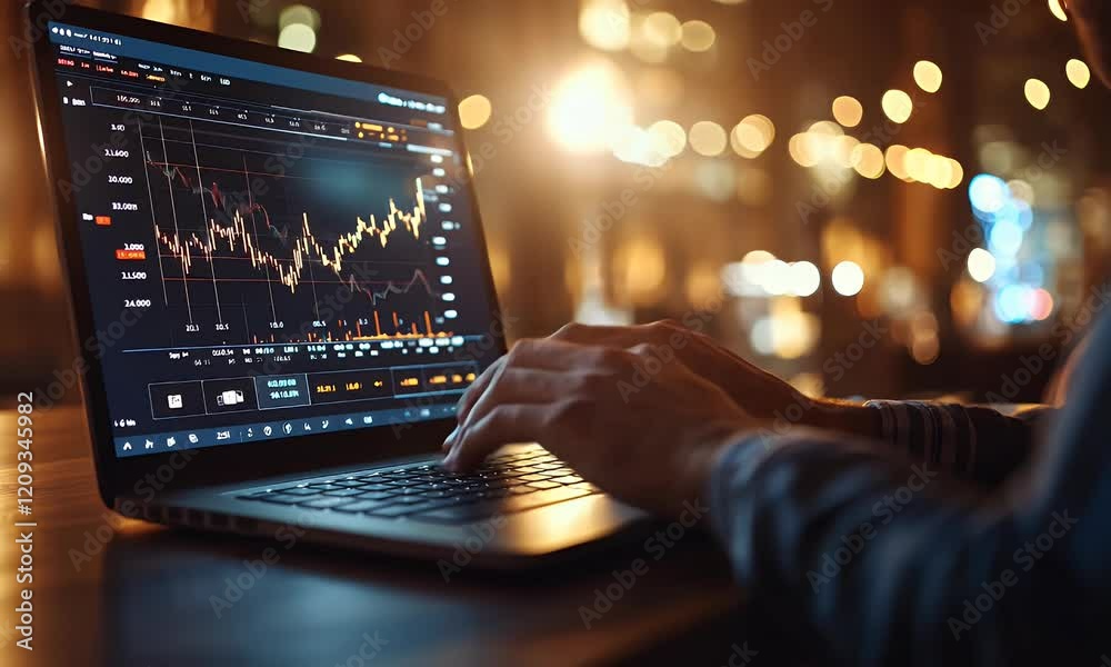 Night trader analyzes stock market data on laptop in cafe