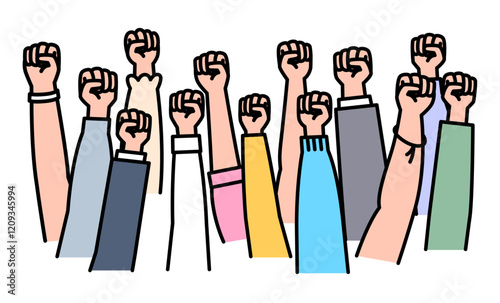 突き上げられた集団の拳