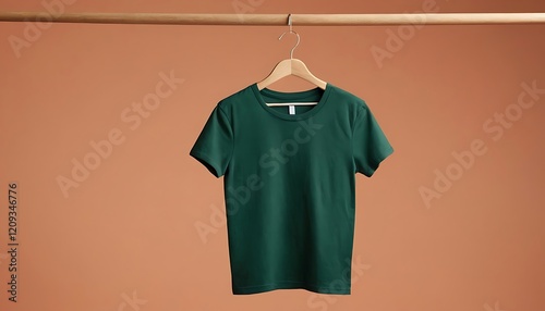 plain green t shirt on hanger. blank t-shirt mockup,huk mockup of a plain DARK green t-shirt, displayed on a hanger against a clean PEACH background.46321 photo