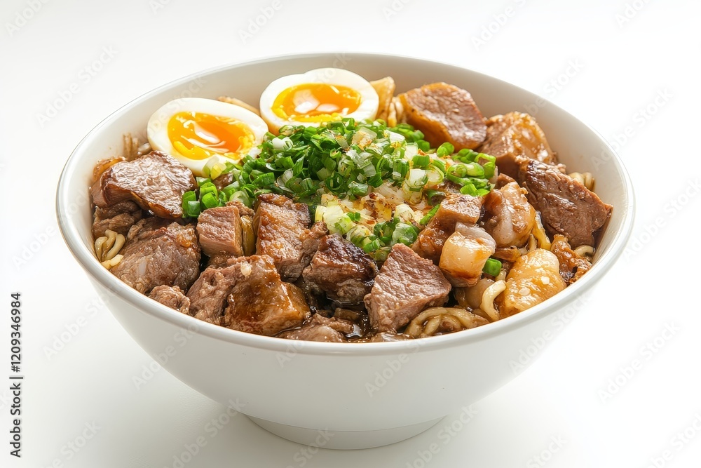 Delicious bowl of ramen noodles with sliced pork, soft boiled eggs, and green onions. Delicious bowl of ramen noodles with sliced pork, soft boiled eggs, and green onions.