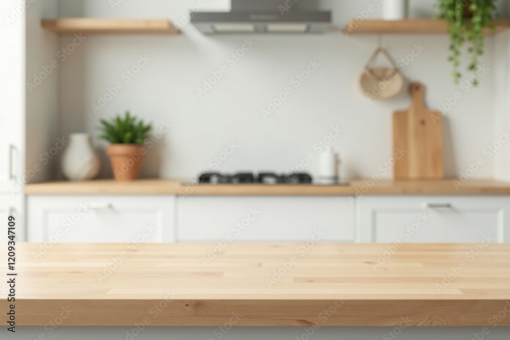 Light Wood Kitchen Countertop with Blurred Background of Modern Cabinets and Appliances Light Wood Kitchen Countertop with Blurred Background of Modern Cabinets and Appliances