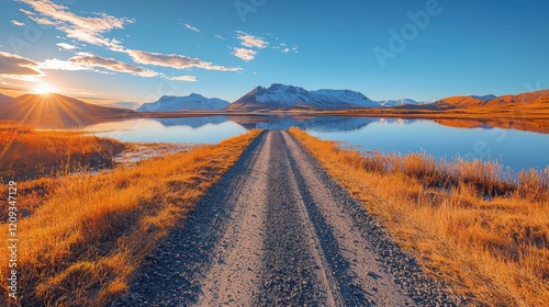 A serene landscape featuring a gravel road leading to a reflective lake and mountains.