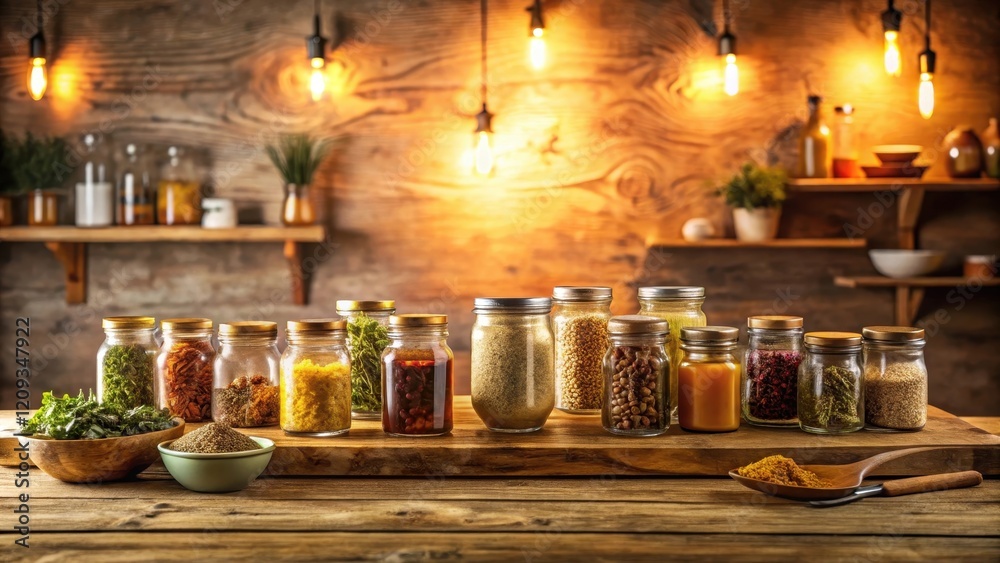 Rustic Kitchen Setting with Glass Jars Filled with Various Spices and Grains on Wooden Table Rustic Kitchen Setting with Glass Jars Filled with Various Spices and Grains on Wooden Table