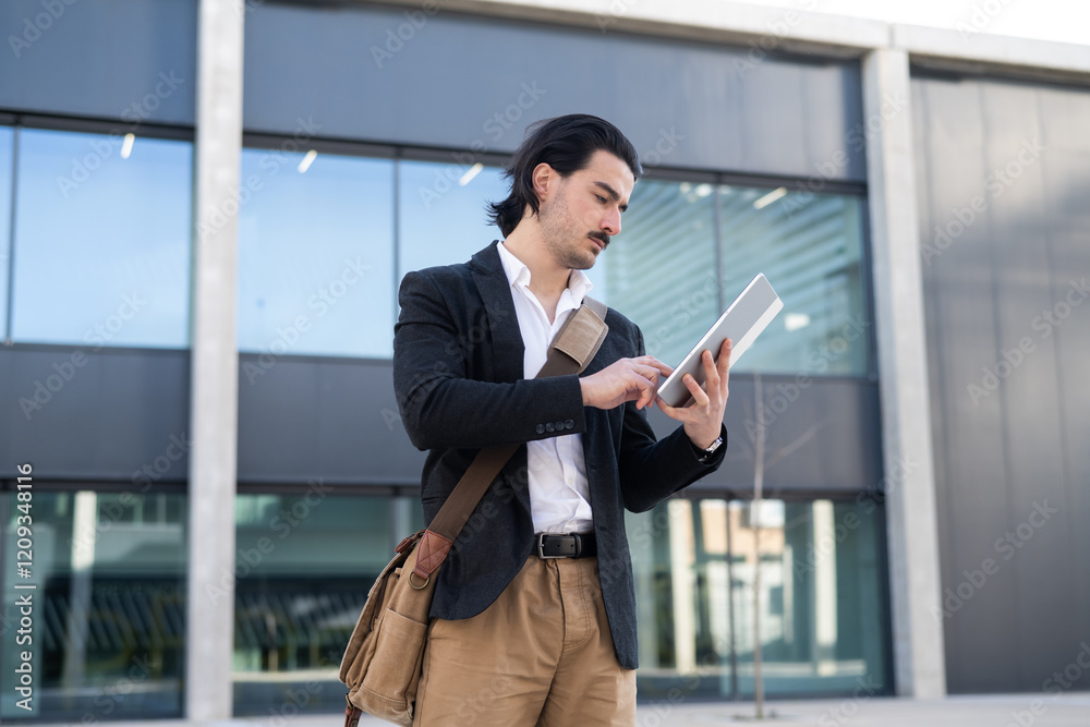 Lawyer or Agent Using Tablet Digital to Stay Connected, Highlighting Professionalism, Online Communication, and Modern Work Habits in a Corporate Urban Setting. Lawyer or Agent Using Tablet Digital to Stay Connected, Highlighting Professionalism, Online Communication, and Modern Work Habits in a Corporate Urban Setting.
