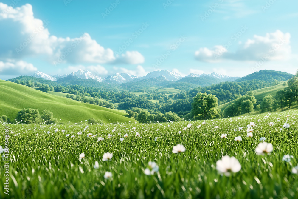 A beautiful, lush green field with a few trees A beautiful, lush green field with a few trees