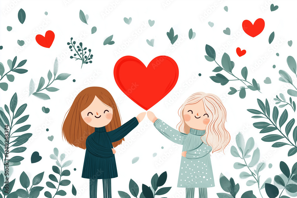 Two girls hug each other and hold a red heart Two girls hug each other and hold a red heart