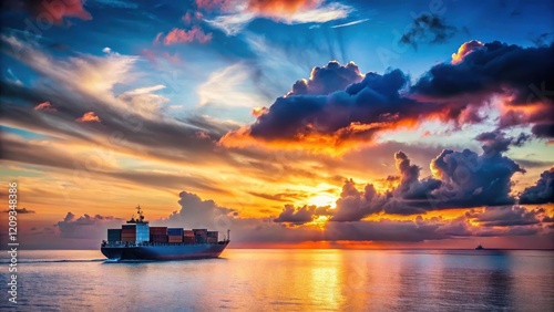 A majestic cargo ship sails across a vibrant ocean at sunset, under a breathtaking sky filled with colorful clouds and radiant sunbeams.