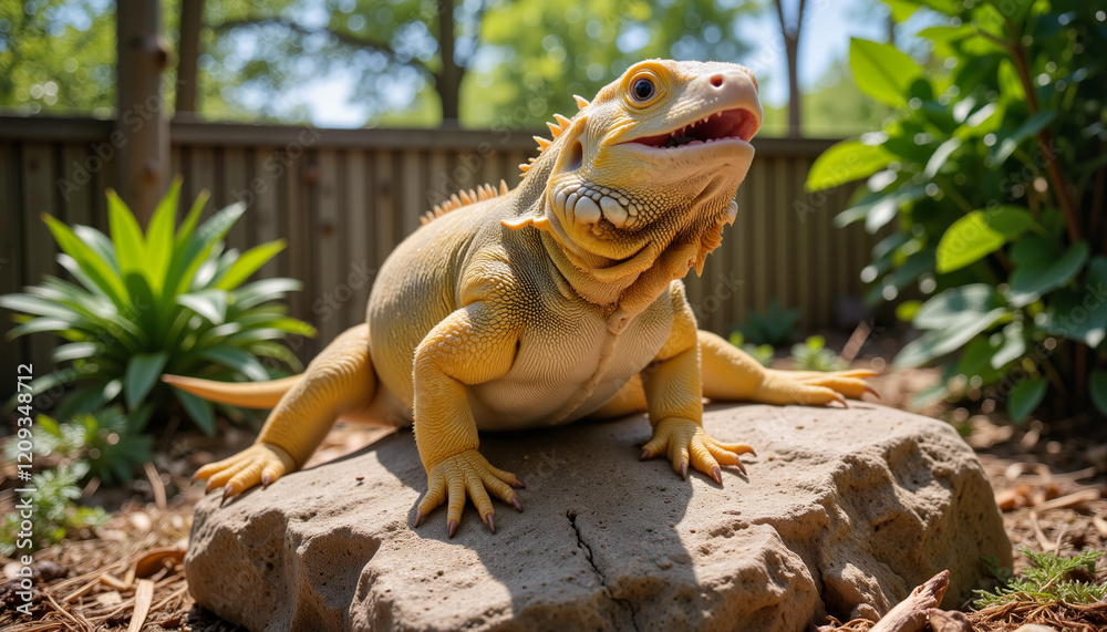 Cheerful iguana basking on warm rock in sunny garden, pet appreciation Cheerful iguana basking on warm rock in sunny garden, pet appreciation