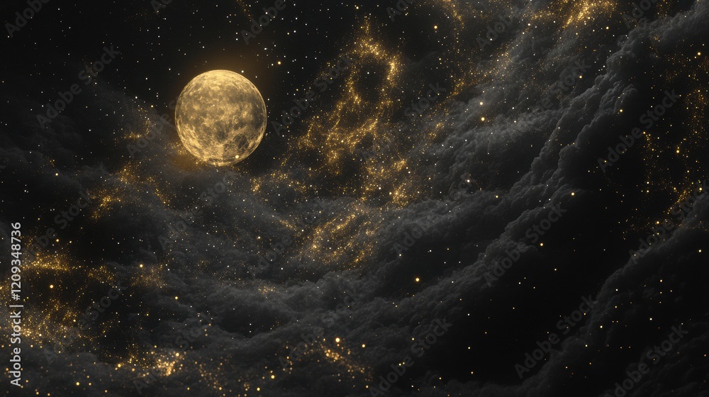 Obraz premium A stunning view of a luminous moon in a starry night sky, surrounded by ethereal clouds.