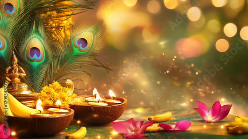  Thaipusam celebration background with diya lights, peacock feathers, bananas and lotuses and coconuts