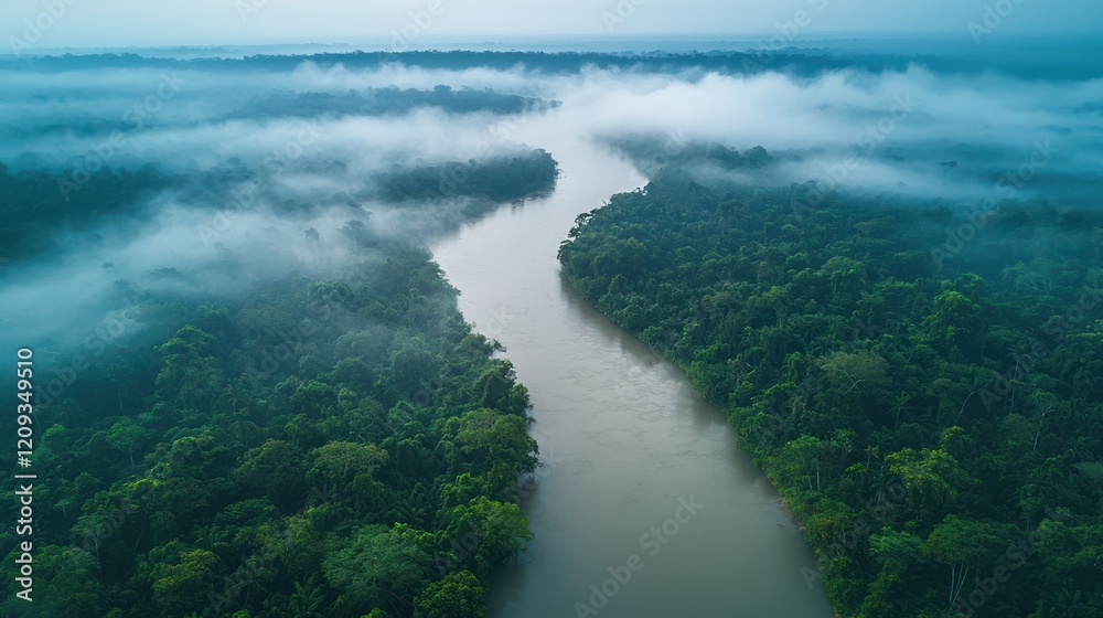 Aerial view of a winding river surrounded by lush rainforest and misty atmosphere. Aerial view of a winding river surrounded by lush rainforest and misty atmosphere.