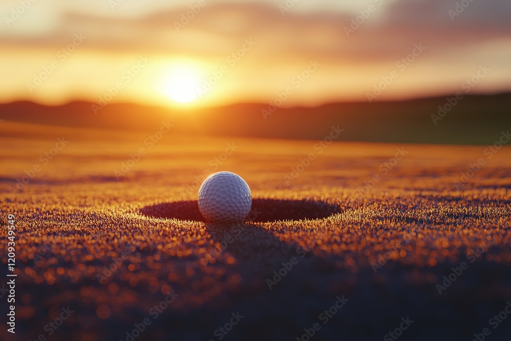 Golf ball sinking into hole at sunset. Golf ball sinking into hole at sunset.