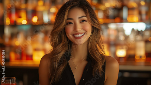 Young Asian woman smiling at bar with warm ambient lighting, portrait of happiness and confidence in evening atmosphere
