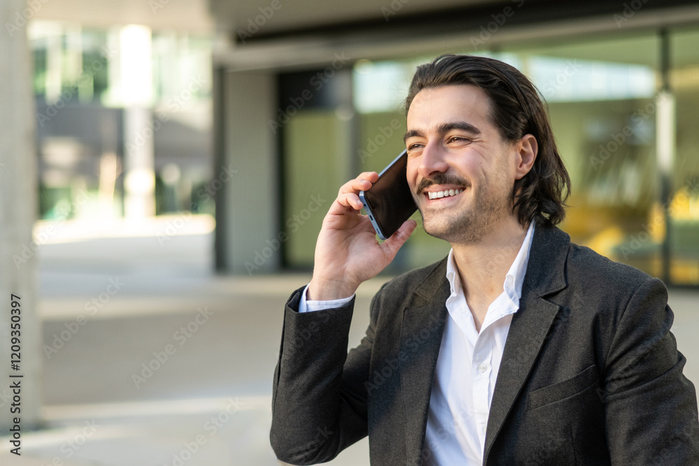 Confident And Smiling Entrepreneur Communicating On Smartphone Outdoors In A Professional Business Environment Confident And Smiling Entrepreneur Communicating On Smartphone Outdoors In A Professional Business Environment