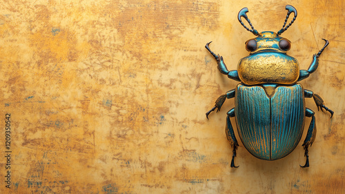 Ancient Egypt concept background with empty copy space. Sacred Egyptian scarab beetle.. Digital painting in photo style. AI artwork.