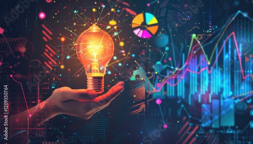 Strategy brainstorming business plan ideas for investment and financial business achievement. glowing light bulb with futuristic graphic icon.