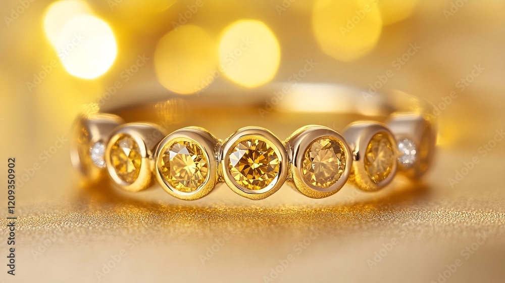 Elegant Gold Ring with Yellow and White Stones on Shimmering Background Elegant Gold Ring with Yellow and White Stones on Shimmering Background