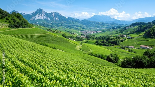 Lush green vineyards stretch across rolling hills in a scenic mountain valley under a clear blue sky.