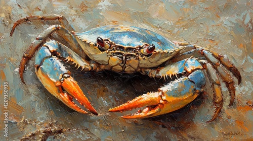 Close-up of a vibrant blue crab with orange claws on a textured surface. photo