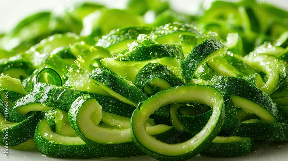 Fresh green zucchini shreds bursting upward with moisture against a white backdrop Fresh green zucchini shreds bursting upward with moisture against a white backdrop