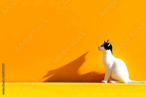 A curious black and white cat looking up against a vibrant yellow background.