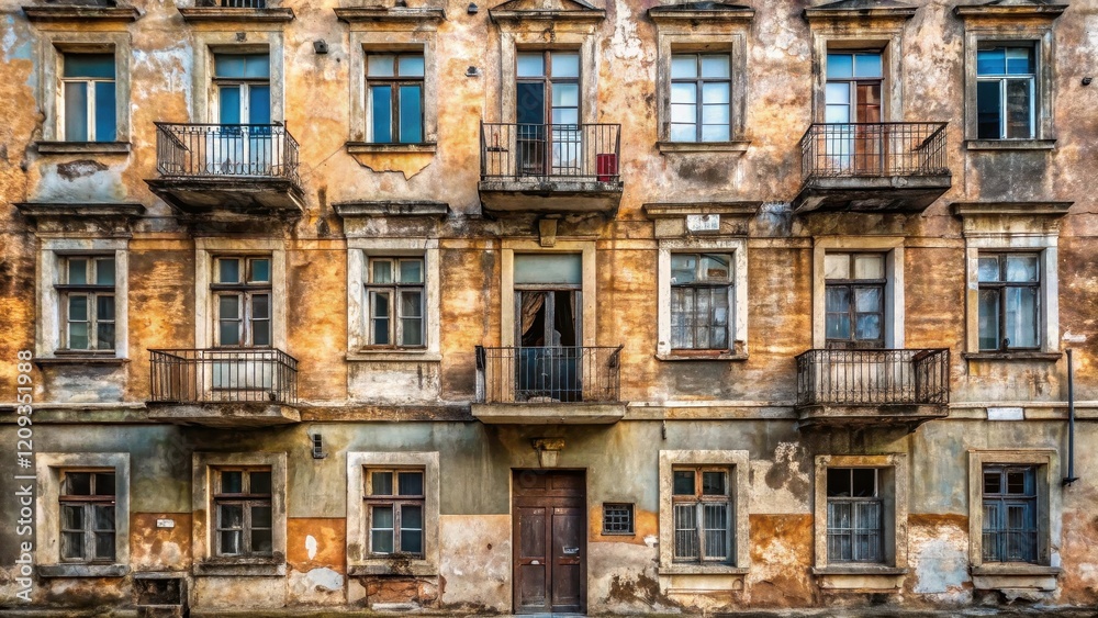 Fototapeta premium Aged Building Facade with Numerous Windows and Balconies, Showing the Effects of Time and Weathering