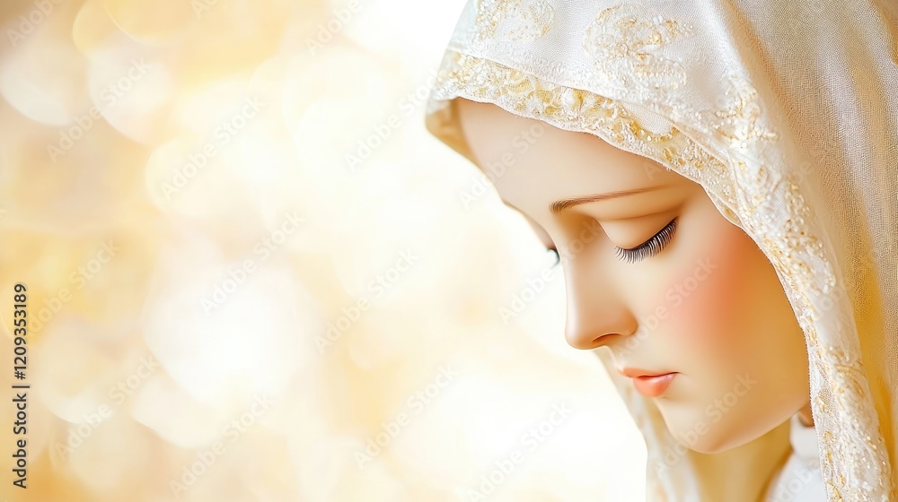 Fototapeta premium Statue of the Virgin Mary wearing a white embroidered veil looking down in prayer against a bright golden bokeh background.
