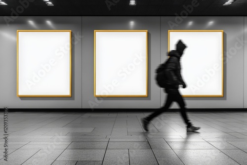Minimalist wall with bold yellow frames and a blurred passerby in motion.