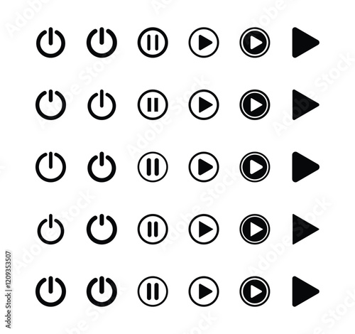 Set of switch, pause and play button icon. 