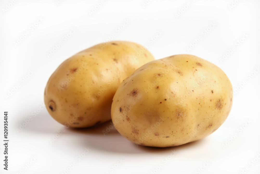 Two yellow potatoes with brown spots on a white background Two yellow potatoes with brown spots on a white background