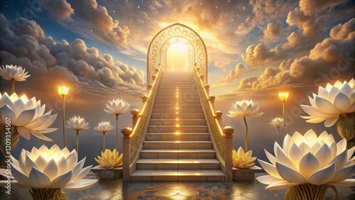 Golden Staircase Ascending to a Heavenly Archway Amidst Illuminated Water Lilies and Serene Cloudscape