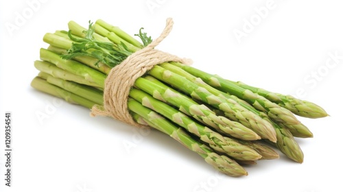 A bundle of fresh green asparagus spears, Their slender forms exuding vitality, Set against an isolated white background to underscore their crispness 