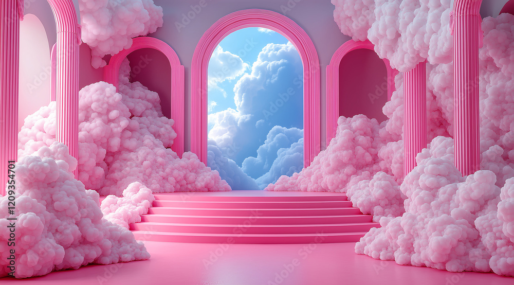 A pink and white room with pink clouds and pink pillars A pink and white room with pink clouds and pink pillars