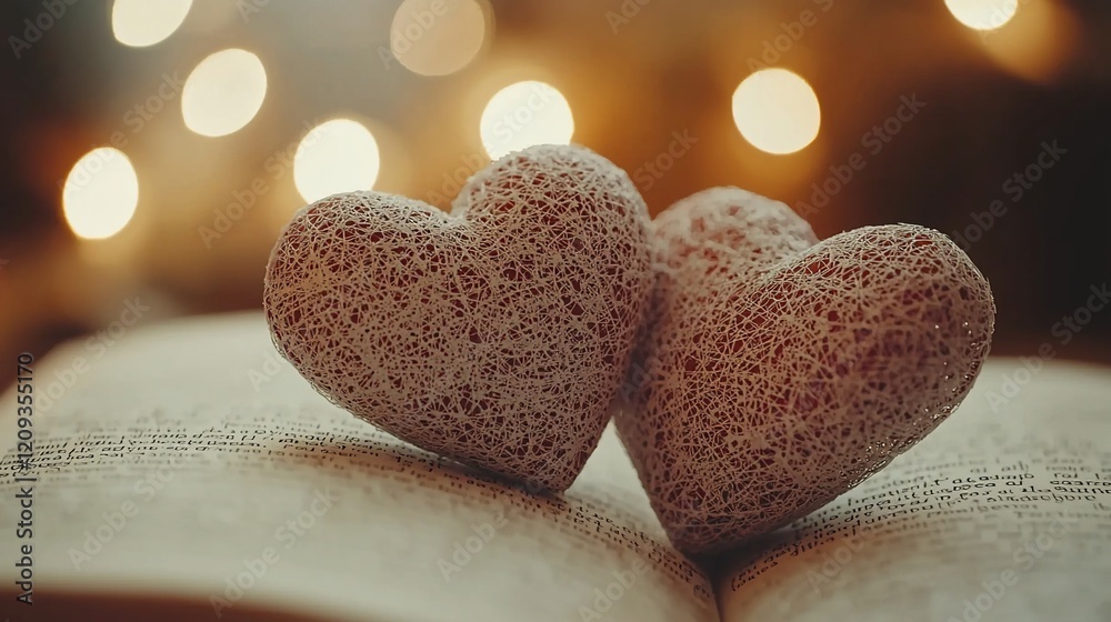 Obraz premium Two hearts on open book with bokeh lights.