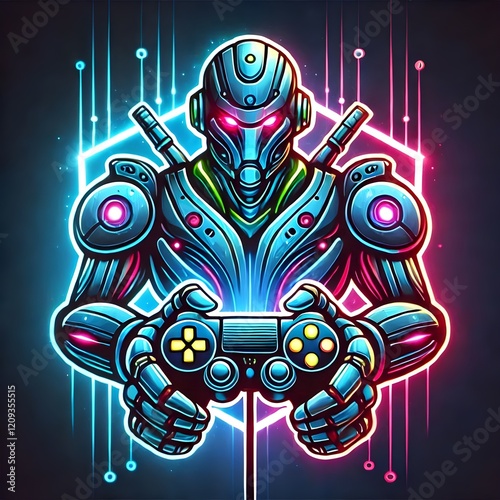 Logo A futuristic, realistic robot with neon lights embedded in its body, holding a glowing gaming joystick, in a cyberpunk theme photo