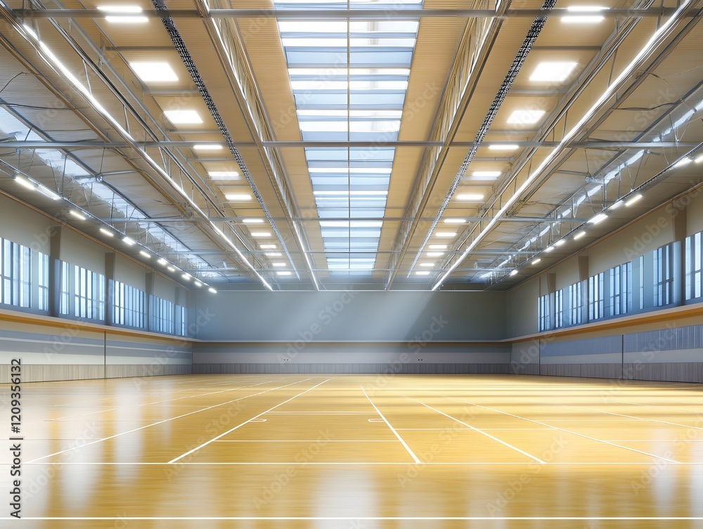 Fototapeta premium Spacious sports hall with cushioned flooring, bright lighting, and high ceilings. Designed for group games and athletic events.