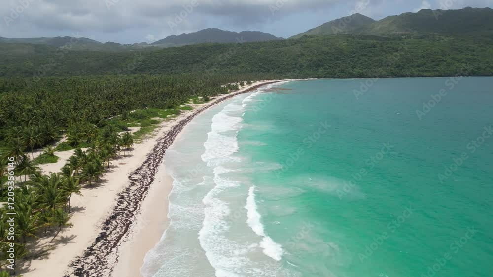 Aerial view of picturesque Playa Rincón beach near Las Galeras on the lush and mountainous Samaná peninsula in the Dominican Republic Aerial view of picturesque Playa Rincón beach near Las Galeras on the lush and mountainous Samaná peninsula in the Dominican Republic