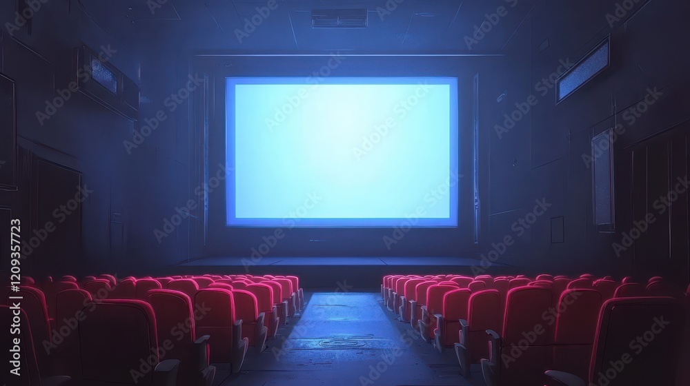 Fototapeta premium People in the cinema auditorium with Cinema blank wide screen and red chairs in the cinema hall,People silhouettes watching movie performance,empty white screen,space for text,copy space.
