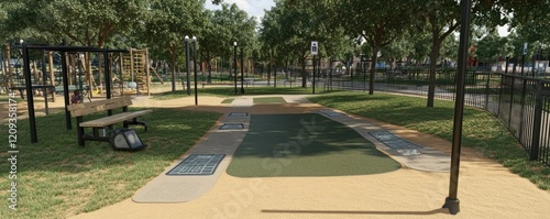 Park pathway near playground, sunny day.  Background trees & houses.  Recreation design