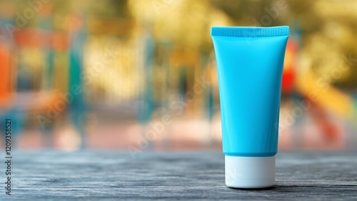 blue scin care cream tube for kids without labels , blurred playground on background, mockup photo