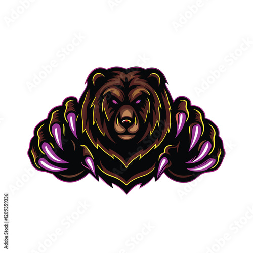 A majestic bear with gleaming metallic claws and vibrant neon accents, symbolizing the fusion of nature and technology.