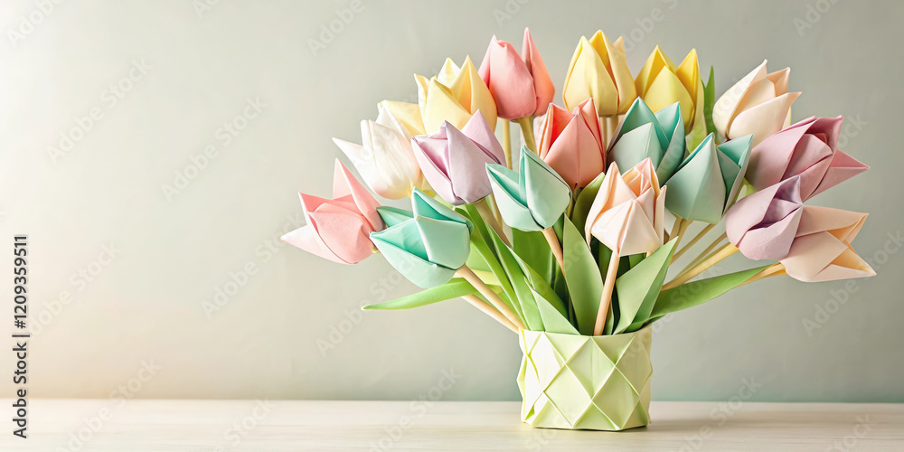 Beautiful paper spring craft flower tulips, composition cut out of paper using origami technique in a beautiful vase, botanical cuttings.