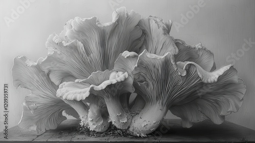 Monochrome close-up of a large oyster mushroom cluster. photo