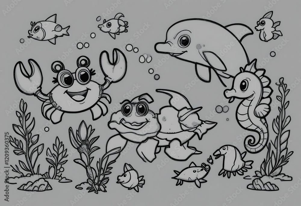Fototapeta premium Adorable Ocean Critters Cartoon Illustration Grey Background